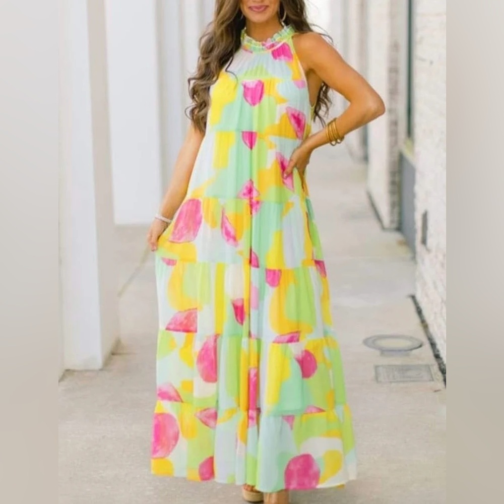 Entro Sleeveless Mock Neck Tiered Multi Maxi Dress